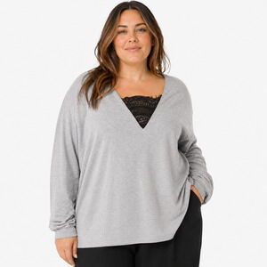 iCollection Long Sleeve Pajama Top Plus 3X Gray V-Neck Lace Trim Pjs Modal Blend